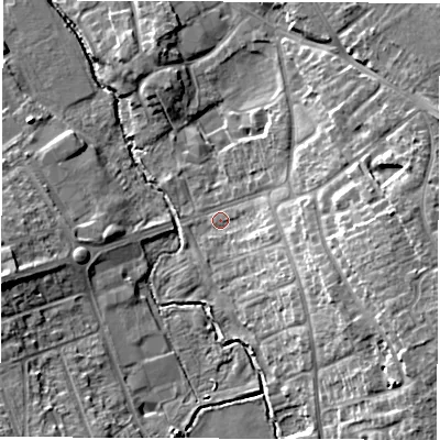 Shaded relief map of the ground around CV114QL, computed from Environment Agency LiDAR. The ground here sits at about 84 m above sea level and falls 15 m across the surrounding 800 m. Surface water reaching this point runs off ground lying to the east-south-east, 12.6 m higher.