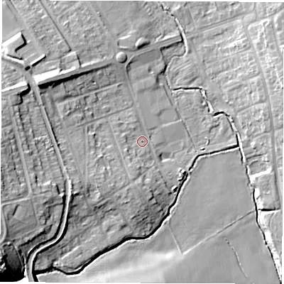 Shaded relief map of the ground around CV114QP, computed from Environment Agency LiDAR. The ground here sits at about 86 m above sea level and falls 20 m across the surrounding 800 m. Surface water reaching this point runs off ground lying to the south-west, 6.1 m higher.