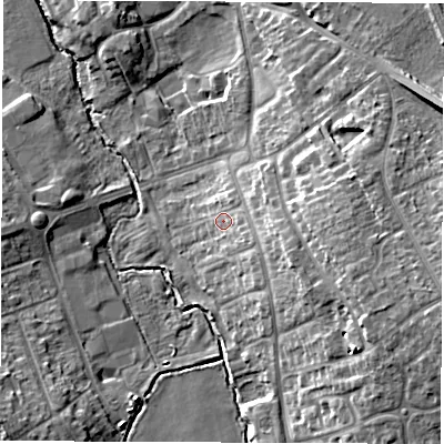 Shaded relief map of the ground around CV114RE, computed from Environment Agency LiDAR. The ground here sits at about 87 m above sea level and falls 16 m across the surrounding 800 m. Surface water reaching this point runs off ground lying to the east-south-east, 3.3 m higher.