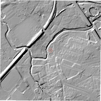 Shaded relief map of the ground around CV114TU, computed from Environment Agency LiDAR. The ground here sits at about 82 m above sea level and falls 13 m across the surrounding 800 m. Surface water reaching this point runs off ground lying to the south-east, 6.6 m higher.
