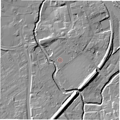 Shaded relief map of the ground around CV114XS, computed from Environment Agency LiDAR. The ground here sits at about 82 m above sea level and falls 13 m across the surrounding 800 m. Surface water reaching this point runs off ground lying to the north-north-east, 2.4 m higher.
