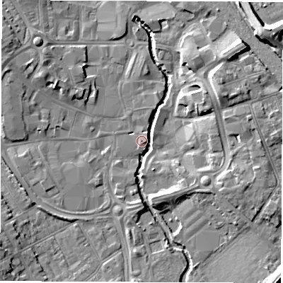 Shaded relief map of the ground around CV114YY, computed from Environment Agency LiDAR. The ground here sits at about 82 m above sea level and falls 12 m across the surrounding 800 m. Surface water reaching this point runs off ground lying to the south-west, 7.5 m higher.