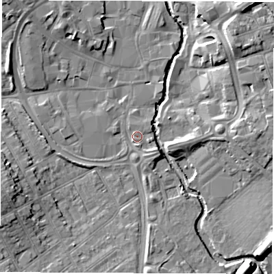 Shaded relief map of the ground around CV115AA, computed from Environment Agency LiDAR. The ground here sits at about 82 m above sea level and falls 11 m across the surrounding 800 m. Surface water reaching this point runs off ground lying to the west-south-west, 7.1 m higher.