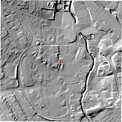 Shaded relief map of the ground around CV115AB, computed from Environment Agency LiDAR. The ground here sits at about 82 m above sea level and falls 14 m across the surrounding 800 m. Surface water reaching this point runs off ground lying to the west-north-west, 3.9 m higher.