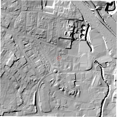Shaded relief map of the ground around CV115AL, computed from Environment Agency LiDAR. The ground here sits at about 82 m above sea level and falls 16 m across the surrounding 800 m. Surface water reaching this point runs off ground lying to the north-west, 10.4 m higher.
