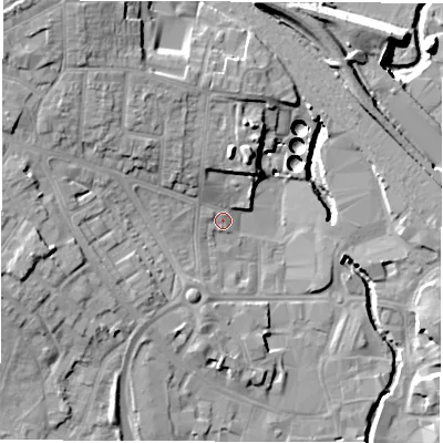 Shaded relief map of the ground around CV115AN, computed from Environment Agency LiDAR. The ground here sits at about 82 m above sea level and falls 17 m across the surrounding 800 m. Surface water reaching this point runs off ground lying to the north, 6.5 m higher.