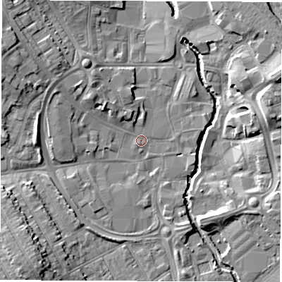 Shaded relief map of the ground around CV115BP, computed from Environment Agency LiDAR. The ground here sits at about 82 m above sea level and falls 11 m across the surrounding 800 m. Surface water reaching this point runs off ground lying to the north-west, 4.2 m higher.