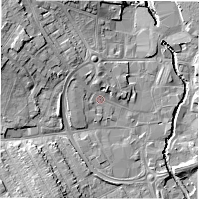 Shaded relief map of the ground around CV115BT, computed from Environment Agency LiDAR. The ground here sits at about 83 m above sea level and falls 15 m across the surrounding 800 m. Surface water reaching this point runs off ground lying to the north-west, 3.1 m higher.