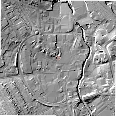 Shaded relief map of the ground around CV115BW, computed from Environment Agency LiDAR. The ground here sits at about 82 m above sea level and falls 11 m across the surrounding 800 m. Surface water reaching this point runs off ground lying to the north-west, 2.7 m higher.