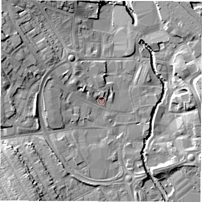 Shaded relief map of the ground around CV115BZ, computed from Environment Agency LiDAR. The ground here sits at about 82 m above sea level and falls 12 m across the surrounding 800 m. Surface water reaching this point runs off ground lying to the west-north-west, 3.5 m higher.