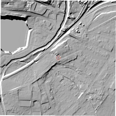 Shaded relief map of the ground around CV115ER, computed from Environment Agency LiDAR. The ground here sits at about 94 m above sea level and falls 32 m across the surrounding 800 m. Surface water reaching this point runs off ground lying to the north, 4.0 m higher.