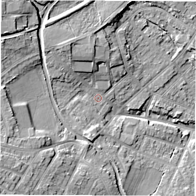 Shaded relief map of the ground around CV115HD, computed from Environment Agency LiDAR. The ground here sits at about 89 m above sea level and falls 20 m across the surrounding 800 m. Surface water reaching this point runs off ground lying to the north-north-west, 8.2 m higher.