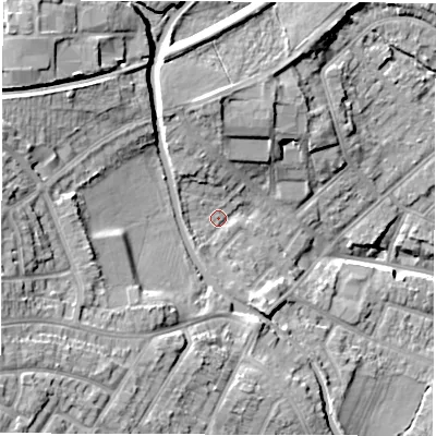 Shaded relief map of the ground around CV115HE, computed from Environment Agency LiDAR. The ground here sits at about 91 m above sea level and falls 22 m across the surrounding 800 m. Surface water reaching this point runs off ground lying to the south-west, 3.0 m higher.