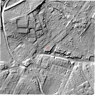 Shaded relief map of the ground around CV115HG, computed from Environment Agency LiDAR. The ground here sits at about 87 m above sea level and falls 18 m across the surrounding 800 m. Surface water reaching this point runs off ground lying to the north-west, 10.0 m higher.