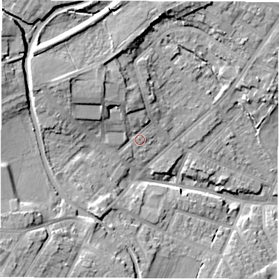 Shaded relief map of the ground around CV115HN, computed from Environment Agency LiDAR. The ground here sits at about 89 m above sea level and falls 19 m across the surrounding 800 m. Surface water reaching this point runs off ground lying to the north-west, 9.1 m higher.