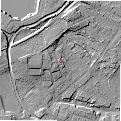Shaded relief map of the ground around CV115HP, computed from Environment Agency LiDAR. The ground here sits at about 91 m above sea level and falls 16 m across the surrounding 800 m. Surface water reaching this point runs off ground lying to the west, 4.4 m higher.