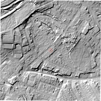 Shaded relief map of the ground around CV115HQ, computed from Environment Agency LiDAR. The ground here sits at about 87 m above sea level and falls 16 m across the surrounding 800 m. Surface water reaching this point runs off ground lying to the north-north-west, 10.9 m higher.