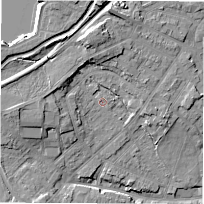 Shaded relief map of the ground around CV115HR, computed from Environment Agency LiDAR. The ground here sits at about 88 m above sea level and falls 16 m across the surrounding 800 m. Surface water reaching this point runs off ground lying to the west-north-west, 1.0 m higher.