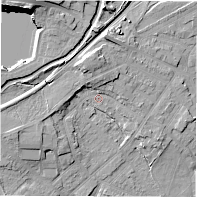 Shaded relief map of the ground around CV115HS, computed from Environment Agency LiDAR. The ground here sits at about 90 m above sea level and falls 28 m across the surrounding 800 m. Surface water reaching this point runs off ground lying to the north, 6.0 m higher.