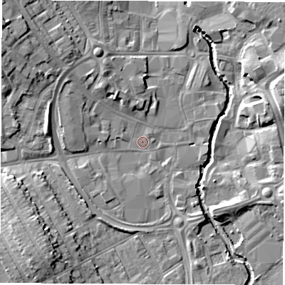 Shaded relief map of the ground around CV115JL, computed from Environment Agency LiDAR. The ground here sits at about 82 m above sea level and falls 12 m across the surrounding 800 m. Surface water reaching this point runs off ground lying to the west, 0.9 m higher.