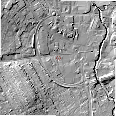 Shaded relief map of the ground around CV115JU, computed from Environment Agency LiDAR. The ground here sits at about 82 m above sea level and falls 12 m across the surrounding 800 m. Surface water reaching this point runs off ground lying to the north-west, 8.9 m higher.