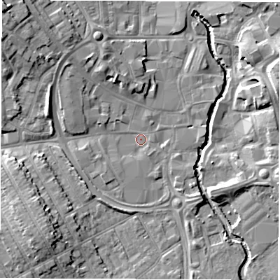 Shaded relief map of the ground around CV115JW, computed from Environment Agency LiDAR. The ground here sits at about 82 m above sea level and falls 12 m across the surrounding 800 m. Surface water reaching this point runs off ground lying to the north-west, 8.7 m higher.
