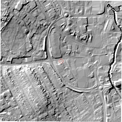Shaded relief map of the ground around CV115JX, computed from Environment Agency LiDAR. The ground here sits at about 82 m above sea level and falls 12 m across the surrounding 800 m. Surface water reaching this point runs off ground lying to the north-west, 9.0 m higher.