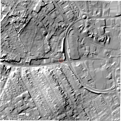 Shaded relief map of the ground around CV115LA, computed from Environment Agency LiDAR. The ground here sits at about 83 m above sea level and falls 12 m across the surrounding 800 m. Surface water reaching this point runs off ground lying to the south-west, 11.1 m higher.