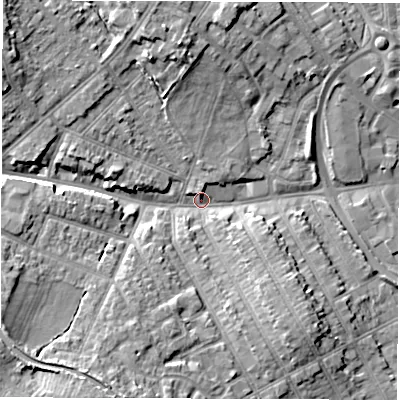 Shaded relief map of the ground around CV115LD, computed from Environment Agency LiDAR. The ground here sits at about 84 m above sea level and falls 12 m across the surrounding 800 m. Surface water reaching this point runs off ground lying to the south-south-west, 11.1 m higher.