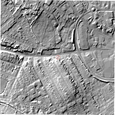 Shaded relief map of the ground around CV115LE, computed from Environment Agency LiDAR. The ground here sits at about 83 m above sea level and falls 14 m across the surrounding 800 m. Surface water reaching this point runs off ground lying to the south-west, 12.5 m higher.