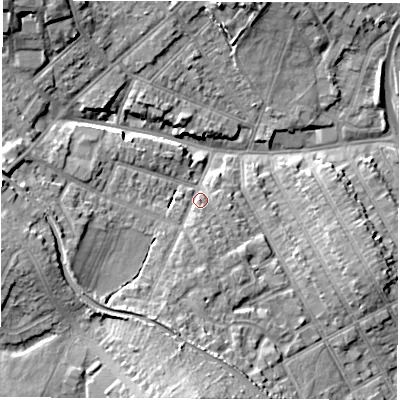 Shaded relief map of the ground around CV115LL, computed from Environment Agency LiDAR. The ground here sits at about 87 m above sea level and falls 17 m across the surrounding 800 m. Surface water reaching this point runs off ground lying to the south, 10.4 m higher.