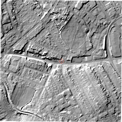Shaded relief map of the ground around CV115LQ, computed from Environment Agency LiDAR. The ground here sits at about 84 m above sea level and falls 13 m across the surrounding 800 m. Surface water reaching this point runs off ground lying to the west-south-west, 12.0 m higher.