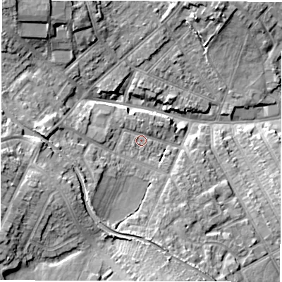 Shaded relief map of the ground around CV115LR, computed from Environment Agency LiDAR. The ground here sits at about 87 m above sea level and falls 16 m across the surrounding 800 m. Surface water reaching this point runs off ground lying to the west, 3.7 m higher.