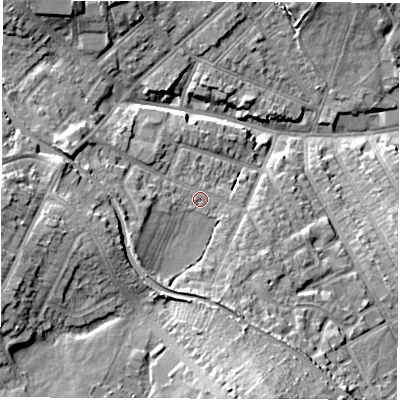 Shaded relief map of the ground around CV115LU, computed from Environment Agency LiDAR. The ground here sits at about 88 m above sea level and falls 18 m across the surrounding 800 m. Surface water reaching this point runs off ground lying to the west-north-west, 7.4 m higher.
