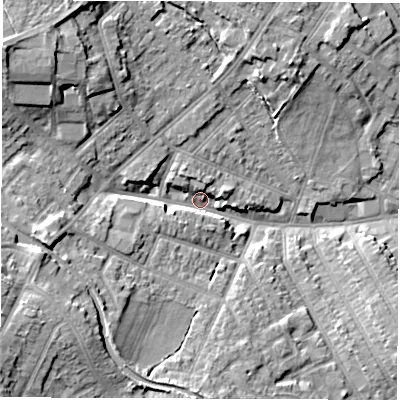 Shaded relief map of the ground around CV115NB, computed from Environment Agency LiDAR. The ground here sits at about 84 m above sea level and falls 15 m across the surrounding 800 m. Surface water reaching this point runs off ground lying to the north-west, 13.4 m higher.