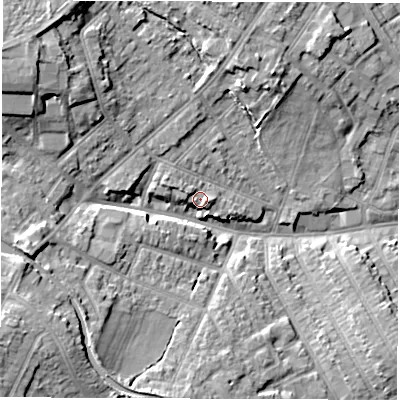Shaded relief map of the ground around CV115NJ, computed from Environment Agency LiDAR. The ground here sits at about 86 m above sea level and falls 15 m across the surrounding 800 m. Surface water reaching this point runs off ground lying to the east-south-east, 1.5 m higher.