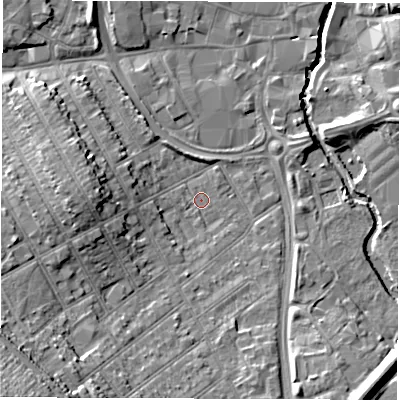 Shaded relief map of the ground around CV115NP, computed from Environment Agency LiDAR. The ground here sits at about 82 m above sea level and falls 20 m across the surrounding 800 m. Surface water reaching this point runs off ground lying to the south-west, 10.8 m higher.