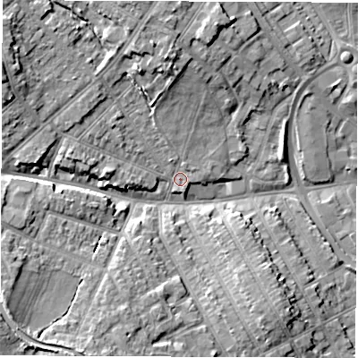 Shaded relief map of the ground around CV115PL, computed from Environment Agency LiDAR. The ground here sits at about 84 m above sea level and falls 11 m across the surrounding 800 m. Surface water reaching this point runs off ground lying to the north, 6.9 m higher.
