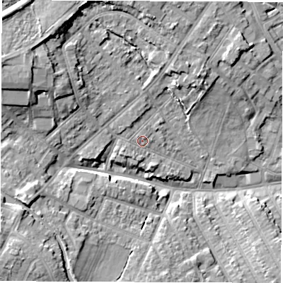 Shaded relief map of the ground around CV115PR, computed from Environment Agency LiDAR. The ground here sits at about 86 m above sea level and falls 15 m across the surrounding 800 m. Surface water reaching this point runs off ground lying to the south-west, 1.5 m higher.
