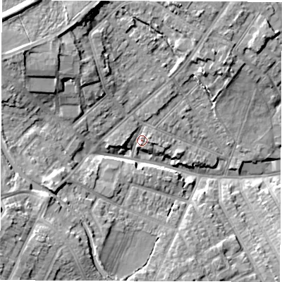 Shaded relief map of the ground around CV115PS, computed from Environment Agency LiDAR. The ground here sits at about 86 m above sea level and falls 17 m across the surrounding 800 m. Surface water reaching this point runs off ground lying to the north-west, 10.4 m higher.