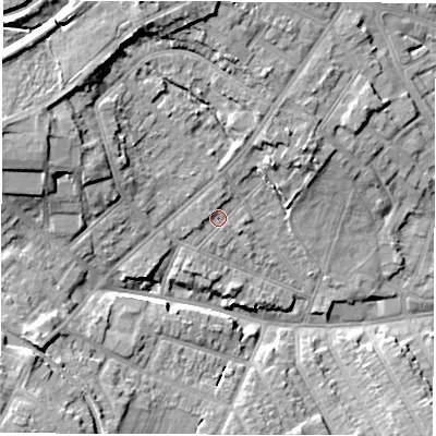 Shaded relief map of the ground around CV115PT, computed from Environment Agency LiDAR. The ground here sits at about 86 m above sea level and falls 15 m across the surrounding 800 m. Surface water reaching this point runs off ground lying to the west-north-west, 1.4 m higher.
