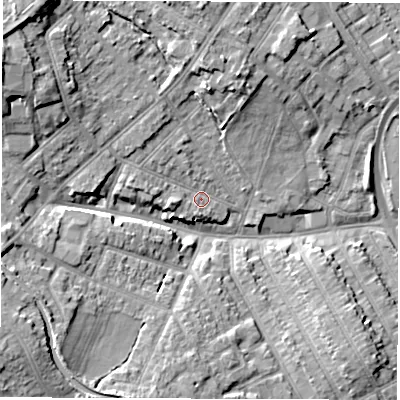 Shaded relief map of the ground around CV115PW, computed from Environment Agency LiDAR. The ground here sits at about 85 m above sea level and falls 14 m across the surrounding 800 m. Surface water reaching this point runs off ground lying to the west, 2.7 m higher.