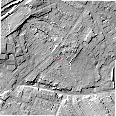 Shaded relief map of the ground around CV115PX, computed from Environment Agency LiDAR. The ground here sits at about 87 m above sea level and falls 16 m across the surrounding 800 m. Surface water reaching this point runs off ground lying to the north-north-east, 4.6 m higher.