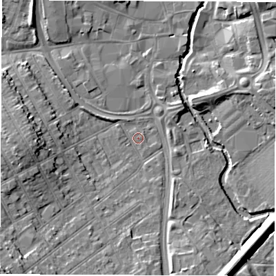 Shaded relief map of the ground around CV115QB, computed from Environment Agency LiDAR. The ground here sits at about 82 m above sea level and falls 14 m across the surrounding 800 m. Surface water reaching this point runs off ground lying to the south-west, 11.2 m higher.