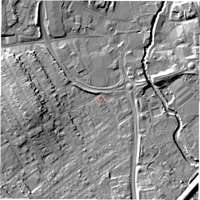 Shaded relief map of the ground around CV115QD, computed from Environment Agency LiDAR. The ground here sits at about 82 m above sea level and falls 15 m across the surrounding 800 m. Surface water reaching this point runs off ground lying to the south-west, 11.3 m higher.