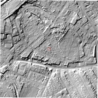Shaded relief map of the ground around CV115QF, computed from Environment Agency LiDAR. The ground here sits at about 86 m above sea level and falls 14 m across the surrounding 800 m. Surface water reaching this point runs off ground lying to the north-west, 1.0 m higher.
