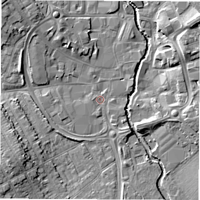Shaded relief map of the ground around CV115QH, computed from Environment Agency LiDAR. The ground here sits at about 82 m above sea level and falls 12 m across the surrounding 800 m. Surface water reaching this point runs off ground lying to the south-west, 7.4 m higher.
