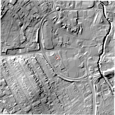 Shaded relief map of the ground around CV115QJ, computed from Environment Agency LiDAR. The ground here sits at about 83 m above sea level and falls 12 m across the surrounding 800 m. Surface water reaching this point runs off ground lying to the south-south-east, 1.0 m higher.
