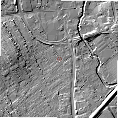Shaded relief map of the ground around CV115QP, computed from Environment Agency LiDAR. The ground here sits at about 82 m above sea level and falls 17 m across the surrounding 800 m. Surface water reaching this point runs off ground lying to the south-west, 2.1 m higher.