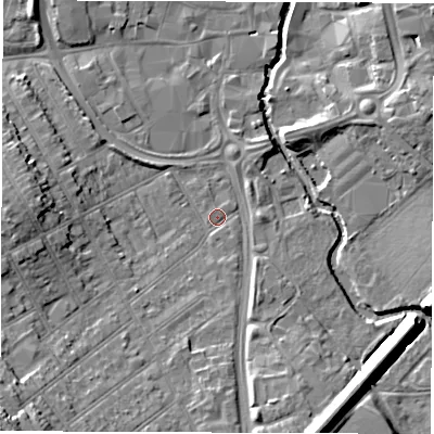 Shaded relief map of the ground around CV115QS, computed from Environment Agency LiDAR. The ground here sits at about 82 m above sea level and falls 14 m across the surrounding 800 m. Surface water reaching this point runs off ground lying to the south-west, 11.2 m higher.